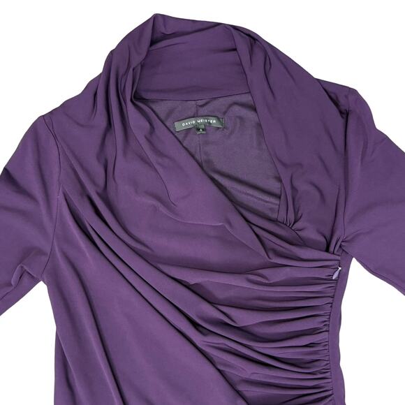 David Meister Ruched Asymmetrical Purple Faux Wrap Long Sleeve Sheath Dress sz 4 - Picture 11 of 12